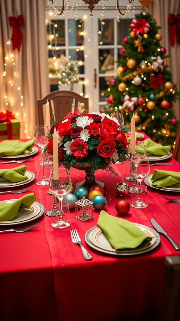 Colorful Christmas Table Decorations Ideas A festive Christmas table setting with colorful decorations, including a red tablecloth, green napkins, and bright floral centerpieces.